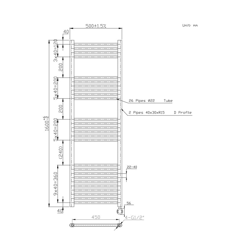 Fabiola Straight Towel Rail Heated Towel Rails, 160cm H x 50cm W x 3cm D, Anthracite