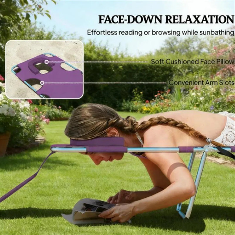 Adjustable Outdoor Sunbathing Chair, Dark Blue Foldable Beach Lounge Chair With 5-position Reclining Backrest, Face Cavity & Arm Slots, Side Pocket, Carry Strap, 264 Lbs Capacity
