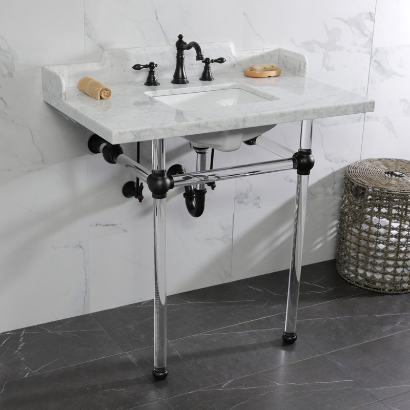 Kingston Brass Pemberton 36-Inch Carrara Marble Console Sink with Acrylic Legs (8-Inch, 3-Hole), Marble White/Matte Black