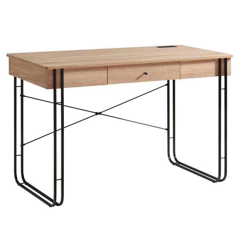 Bureau d'ordinateur brun et noir avec pieds en métal, port de charge et bureau d'écriture à un tiroir, spacieux pour port de bureau, pieds en noir, durabilité de travail