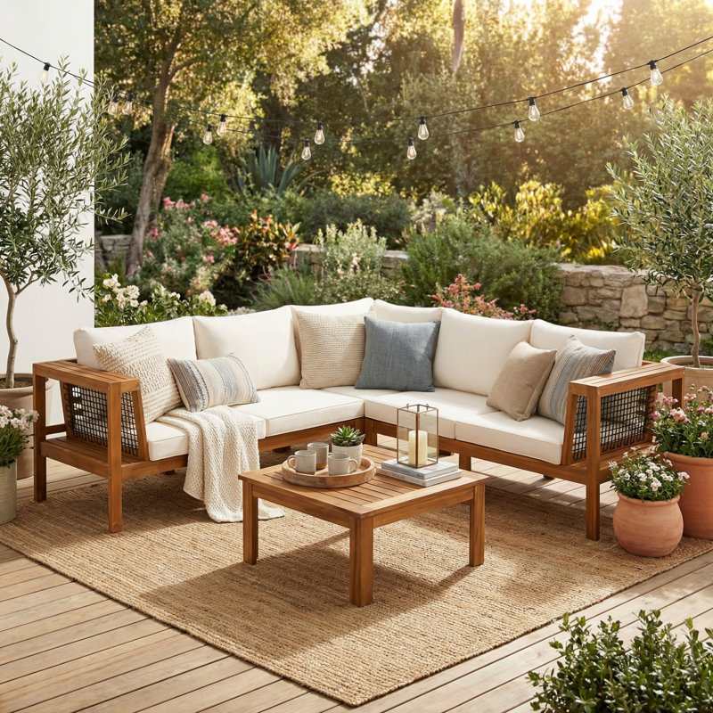 Ensemble de conversation 4 pièces en bois d'acacia pour l'extérieur, ensemble de canapé en forme de L avec table basse, Beige
