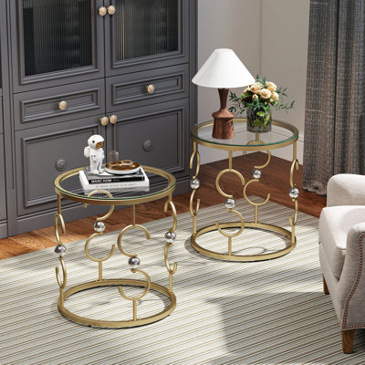 2-piece Glass End Table Set with Metal Frame, Gold Side Tables with Modern Style