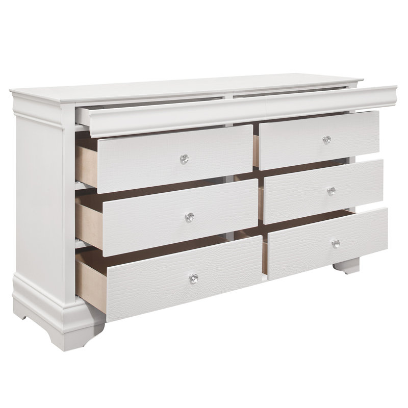 Mobilier de chambre à coucher de style traditionnel 1 pièce commode de 6 tiroirs en faux alligator avec façades en relief blanc