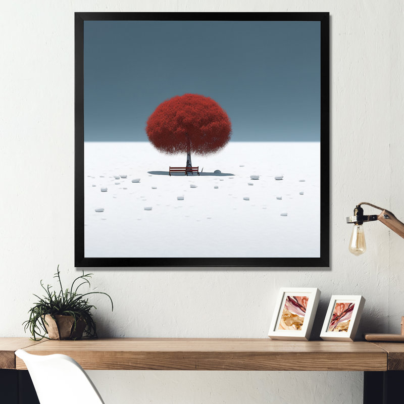 Arbre rouge et banc Kerben dans la neige II sur toile, H 16 po x l 16 po x P 1 po, Cadre photo noir