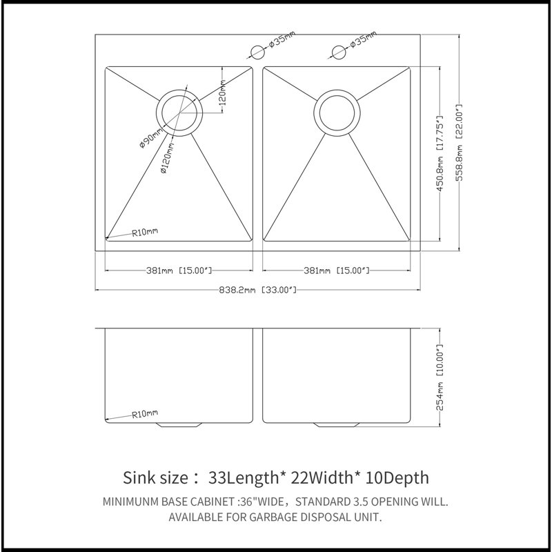 Évier de cuisine à double cuve (50/50) encastrable 33 po x 22 po x 10 po en acier inoxydable de calibre 16 avec deux cuves profondes de 10 po