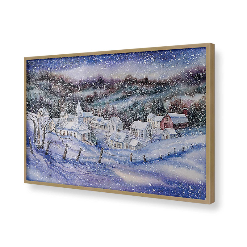 Imprimé crépuscule du village enneigé, Cadre doré brossé, H 9,25 po x l 11,25 po
