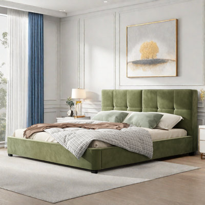 Upholstered Platform Bed With Curved Tufted Headboard, Soft Square Corners