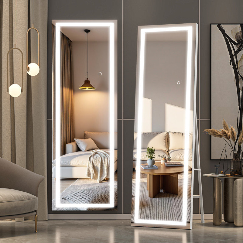 Modern & Contemporary Lighted Full Length Mirror with Temepered Glass & 3 Years Warranty, 78" x 32", White