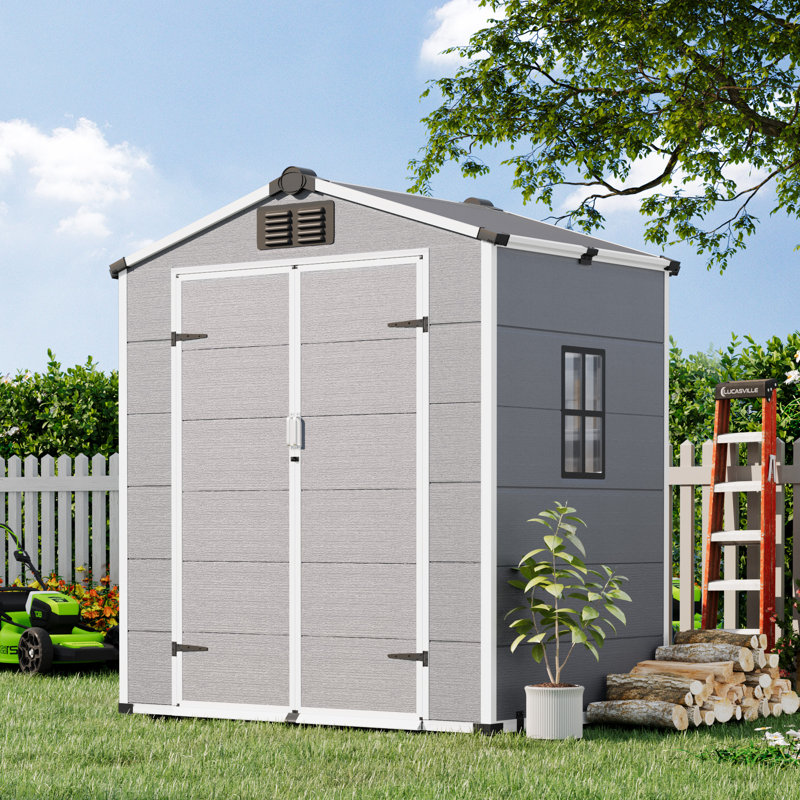 6 x 4 FT Outdoor Storage Shed, Resin Garden Tool Shed with Lockable Double Doors, Built-In Floor & Weather-Resistant Sloped Roof for Backyard Storage, Pool Supply