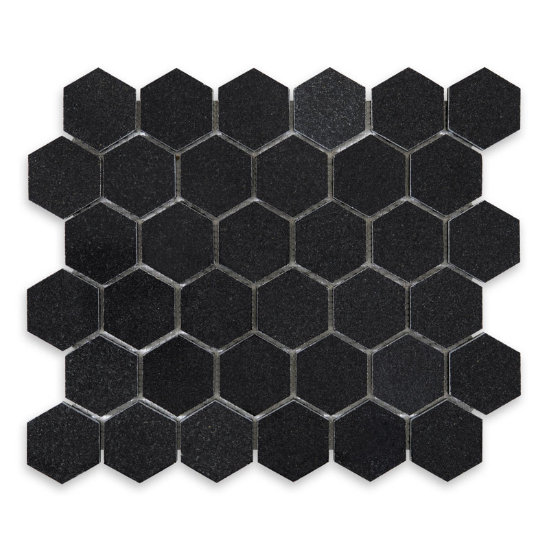 Absolute Black Polished Granite Hexagon Mosaic, 2" W x 2" L