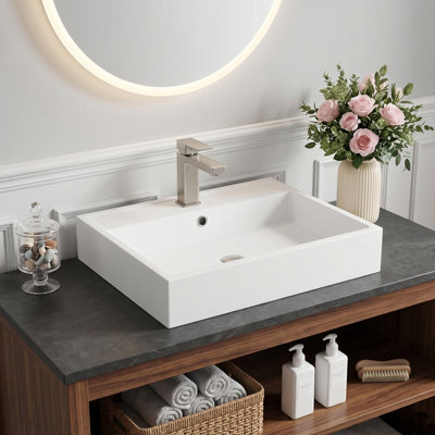 24" L x 19" W x 5" H Bathroom Vessel Sink, Rectangular Solid Surface Above Counter Vanity Basin with Faucet Hole, Matte White