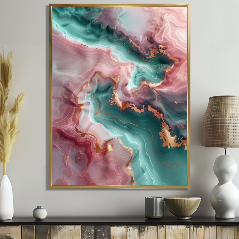 Rose et vert abstrait marbre pierre II - marbre, art mural, Cadre flottant doré, H 34 po x l 44 po