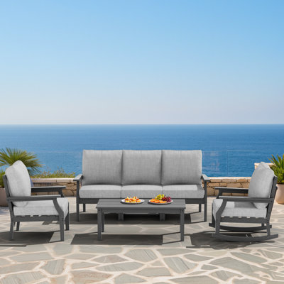 Ensemble de mobilier de patio en PEHD, ensemble de canapé modulaire d'extérieur 6 pièces, ensemble de canapé d'extérieur toutes saisons pour terrasse, pelouse, structure noire avec coussin gris
