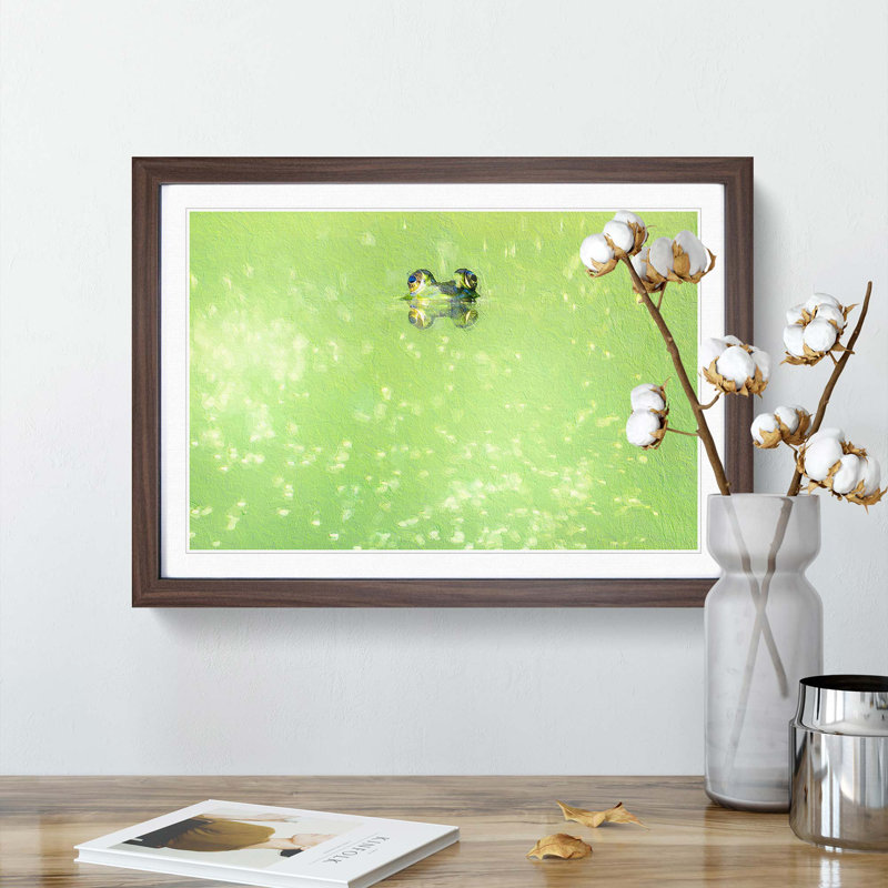 Peeping Green Frog - Picture Frame Painting Print, Walnut Framed, 36cm H x 48cm W x 2cm D