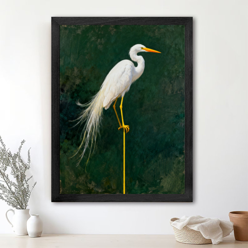 Aigrette blanche rétro encadrée noire - élégance et beauté naturelle, impressions murales de style rétro, H 37 po x l 25 po