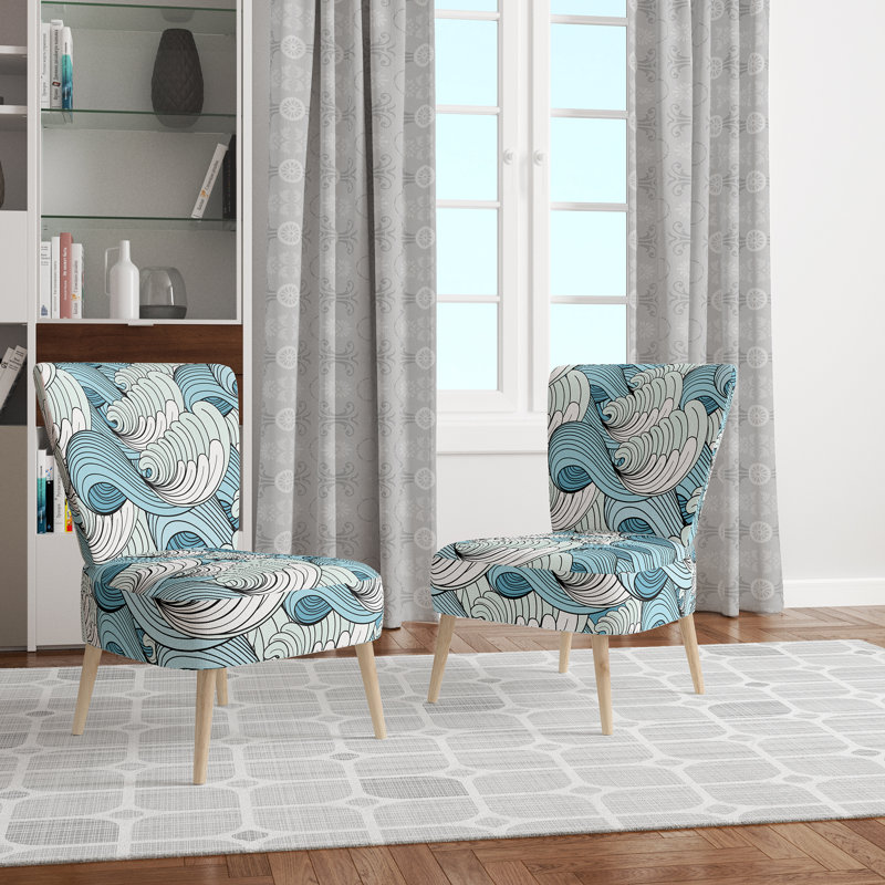 Flowers / Wave inspiration / Marble Pattern - Mid-Century Upholstered Side Chair, White/Blue