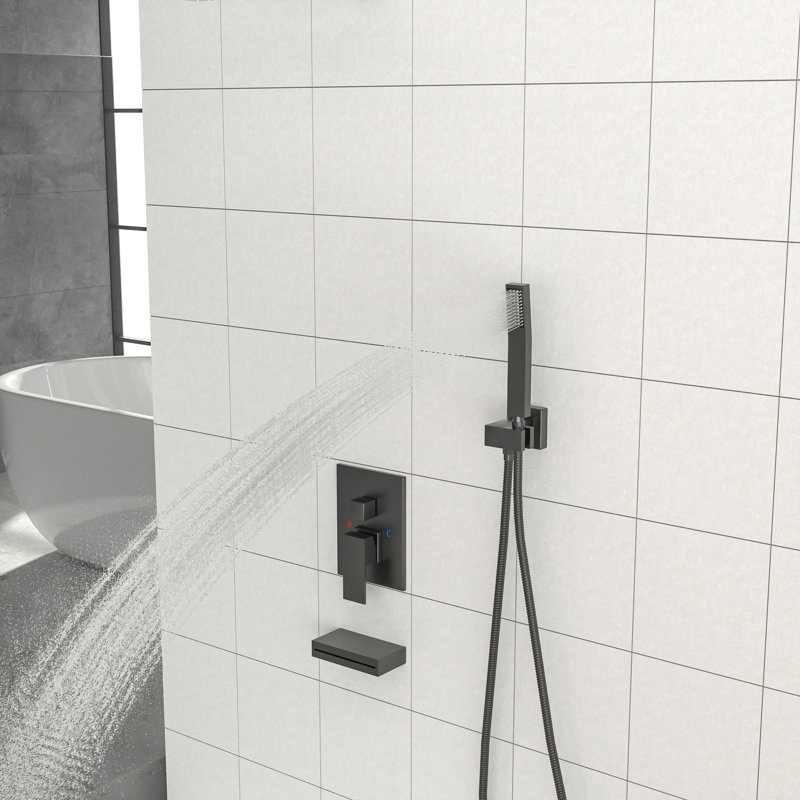Système de douche carré Lsi 12 po avec douchette cascade, fixation murale, pomme de douche à effet pluie + douchette + douchette, noir mat, acier inoxydable