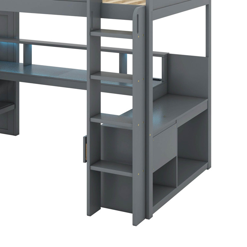 Lit mezzanine pleine grandeur avec bureau, lit mezzanine en bois avec ports USB, lumières DEL, lit mezzanine avec tablettes multi-rangements