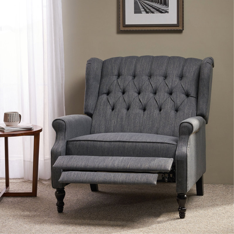 Fauteuil inclinable surdimensionné en tissu à oreilles avec garniture cloutée et coutures capitonnées à boutons pour le salon, la chambre à coucher