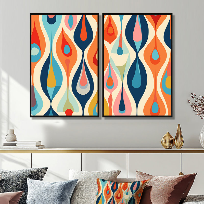 Rétro abstrait Gouttes - art mural moderne gris, 36" H x 48" W, Floater Framed Print without Mat, Black
