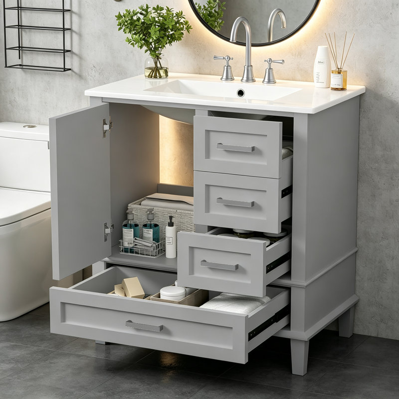 Meuble-lavabo moderne de 30 po avec lavabo, porte à fermeture douce et 3 tiroirs, structure en bois massif pour le rangement et le style