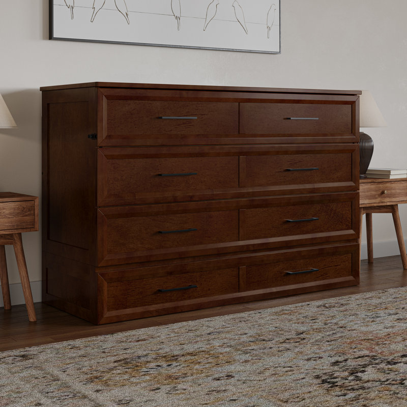 Tucson Wood Murphy Bed Chest with Storage Drawer, Built-in Charging station and Mattress, Walnut, Queen