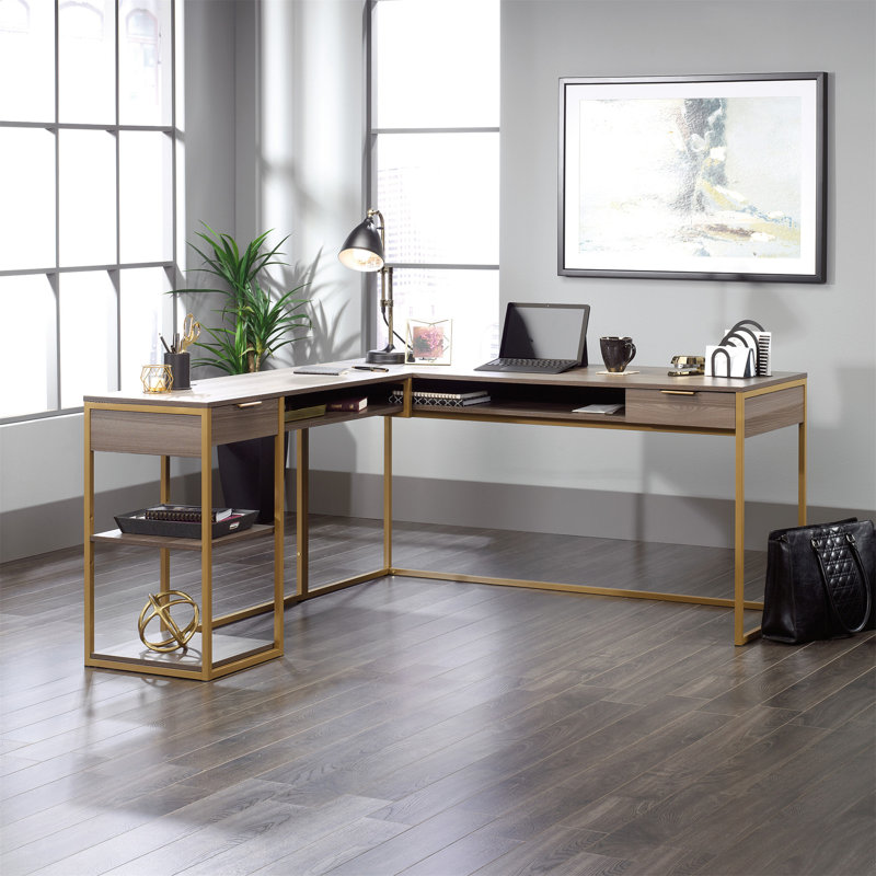 Bureau en L avec rangement ouvert (tabourets non inclus), Doré