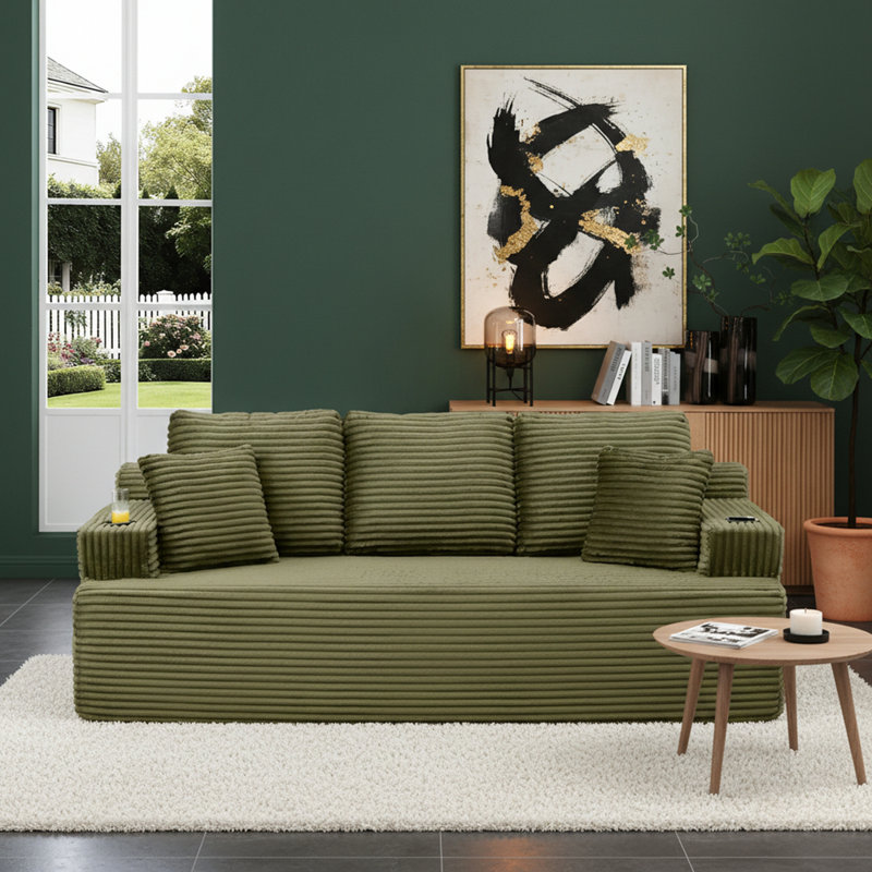 Canapé désossé avec 2 coussins, tissu en velours côtelé 3 places avec porte-gobelet et poche latérale pour une installation facile et des sièges confortables (vert, 3 places)