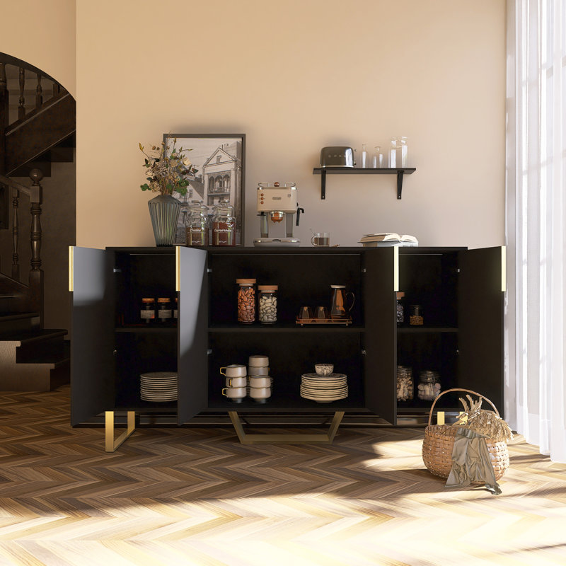 Buffet moderne avec quatre portes et tablettes ajustables, Noir