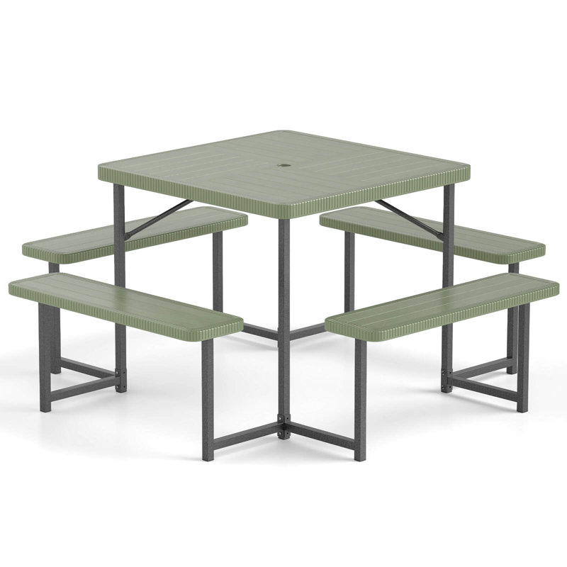 Ensemble de table de pique-nique pour 4-8 personnes avec trou de parasol, Vert