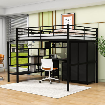 Lit mezzanine double en métal avec tablettes de rangement et garde-robe