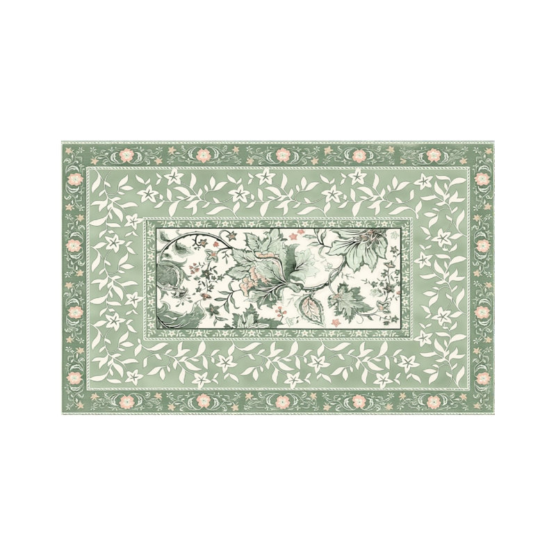 Sage Green Floral Border Area Rug for Dining Room Deck, 5' x 7'