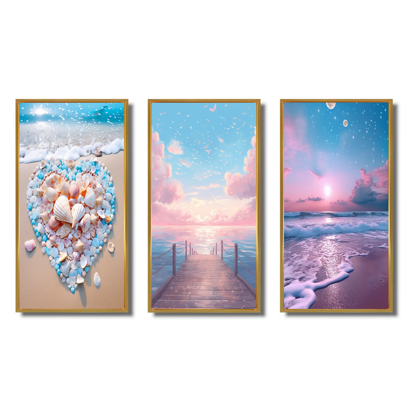 Cœur rose et turquoise sur la plage - ensemble de 3 reproductions, Cadre flottant doré, H 32 po x l 48 po
