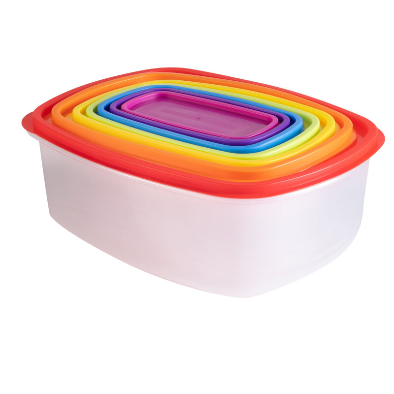 Rainbow Lid Clear Plastic Food Storage Container Set, 14 Pieces