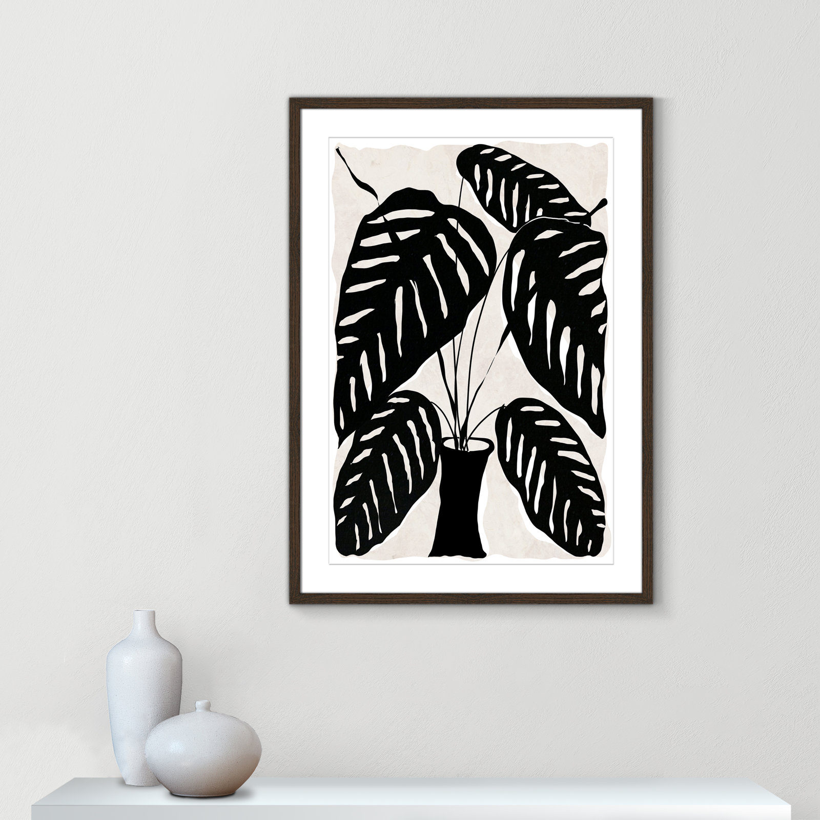 Black And White Potted Plant I by Daniela Santiago, 35.5" H x 25.5" W x 0.75" D, Walnut Framed