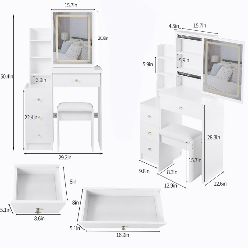 Ray Cabinet Vanity Table with Padded Stool, White