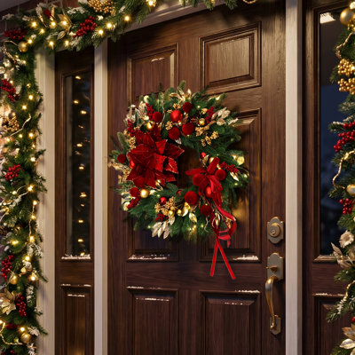 24" Pre-Lit Christmas Wreath with Red Poinsettia, Velvet Bow and Gold Ornaments