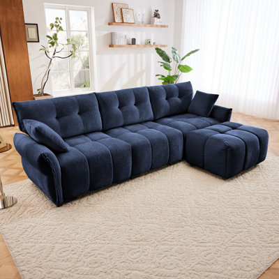 Three - Seater Sofa Set With Ottoman And Pillows,Solid Wood, Textured Chenille, High - Resilience Cushions, Ideal For Living, Lounge, Office, Hotel Spaces, In Blue