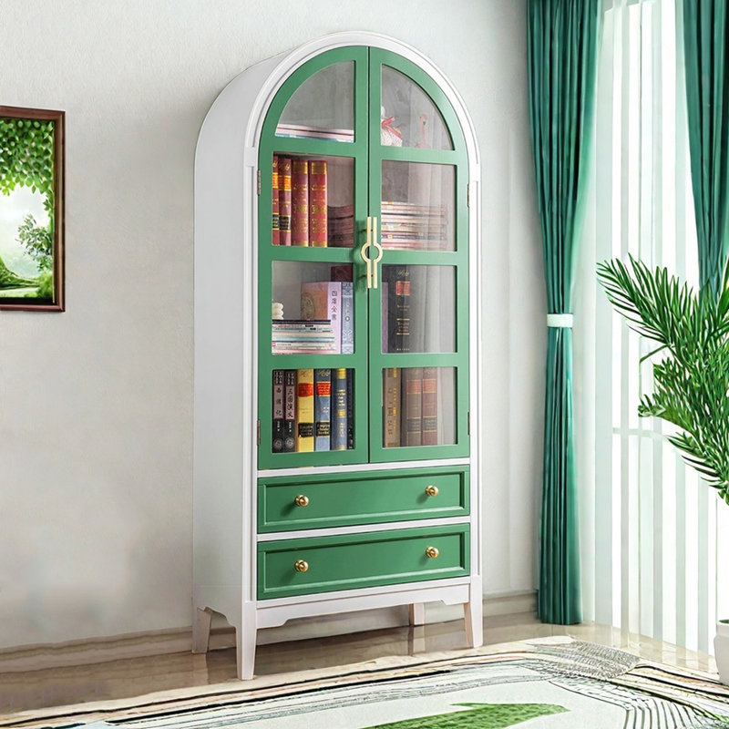 Bibliothèque arquée en bois massif avec porte en verre blanc