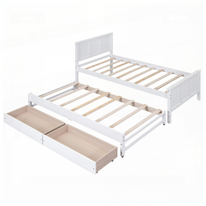 Lit de jour simple avec lit gigogne et tiroirs de rangement - Lit d'invité et de chambre en bois massif, blanc, Blanc