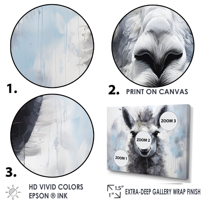 Portrait d'un lama gris sur toile, Cadre flottant blanc, H 16 po x l 32 po x P 1 po