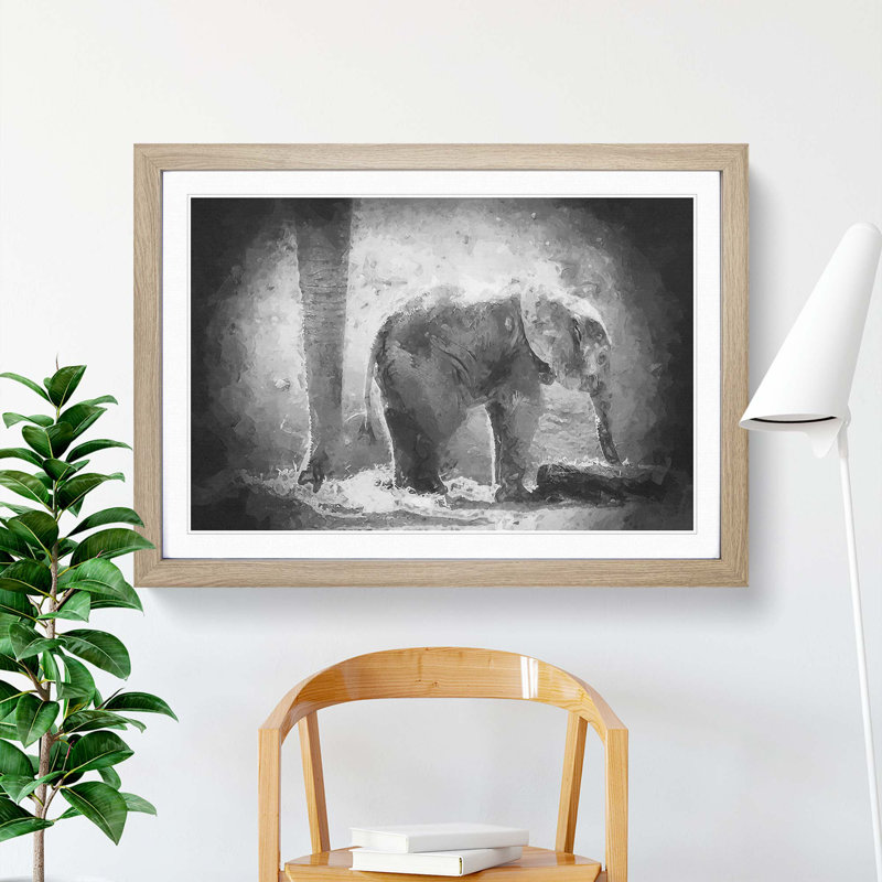 Mother and Baby Elephant Together in Abstract - Picture Frame Painting Print, 27cm H x 36cm W x 2cm D, Oak Framed