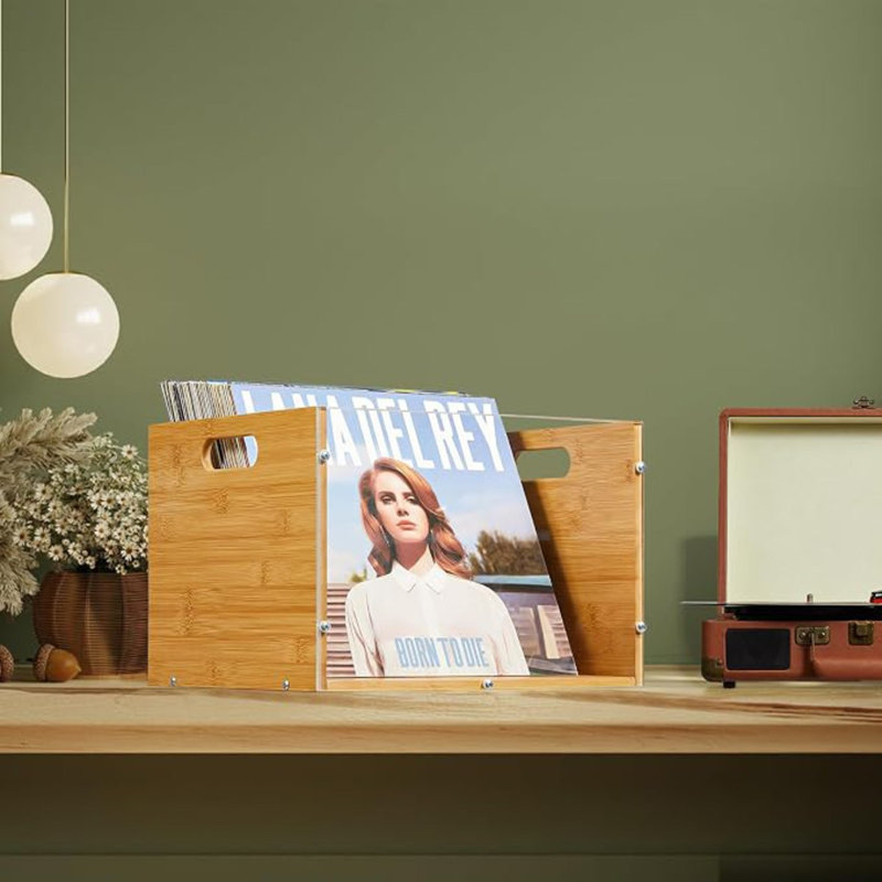 Lot de 2 boîtes de rangement pour disques vinyles, caisse en bambou et acrylique | Présentoir à disques vinyles visible avec poignée, porte-CD cubique pour le rangement et l'organisation de vos albums LP, facile à assembler