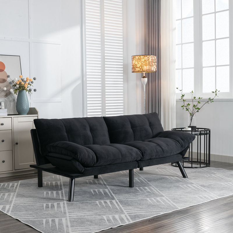 71'' Convertible Folding Modern Sofa Bed with Adjustable Armrest, Black Velvet, 29.13'' H x 70.87'' W x 38.6'' D