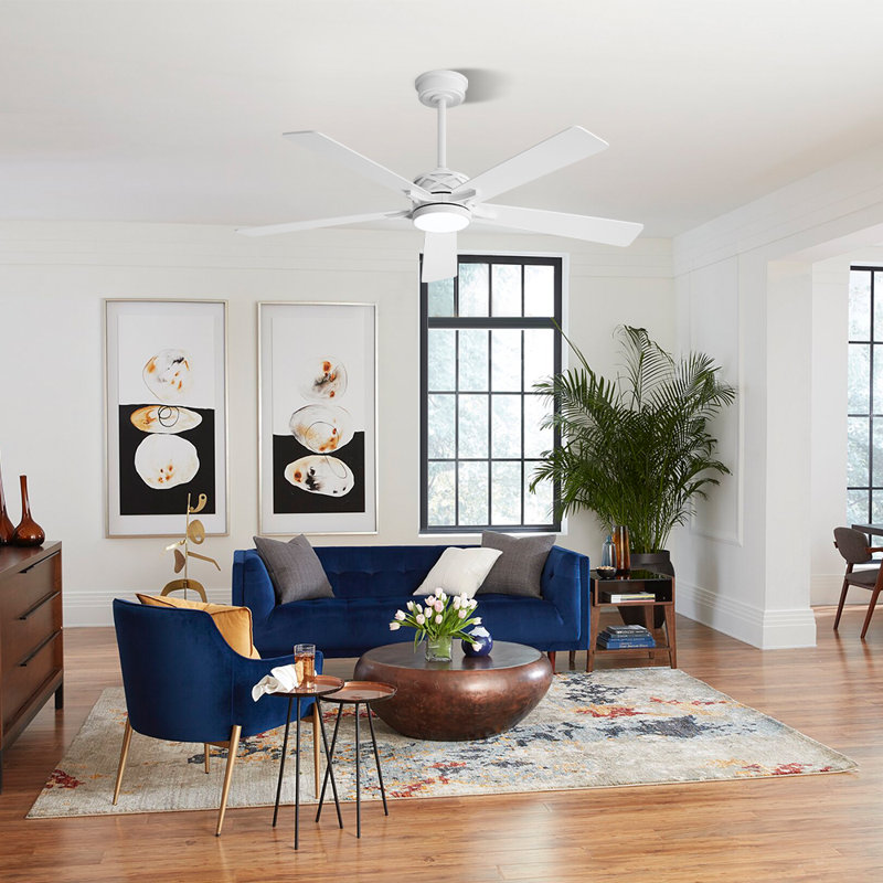 Portico 5 Blades Indoor Ceiling Fan with Light Kit and Remote, Gold, 60", White
