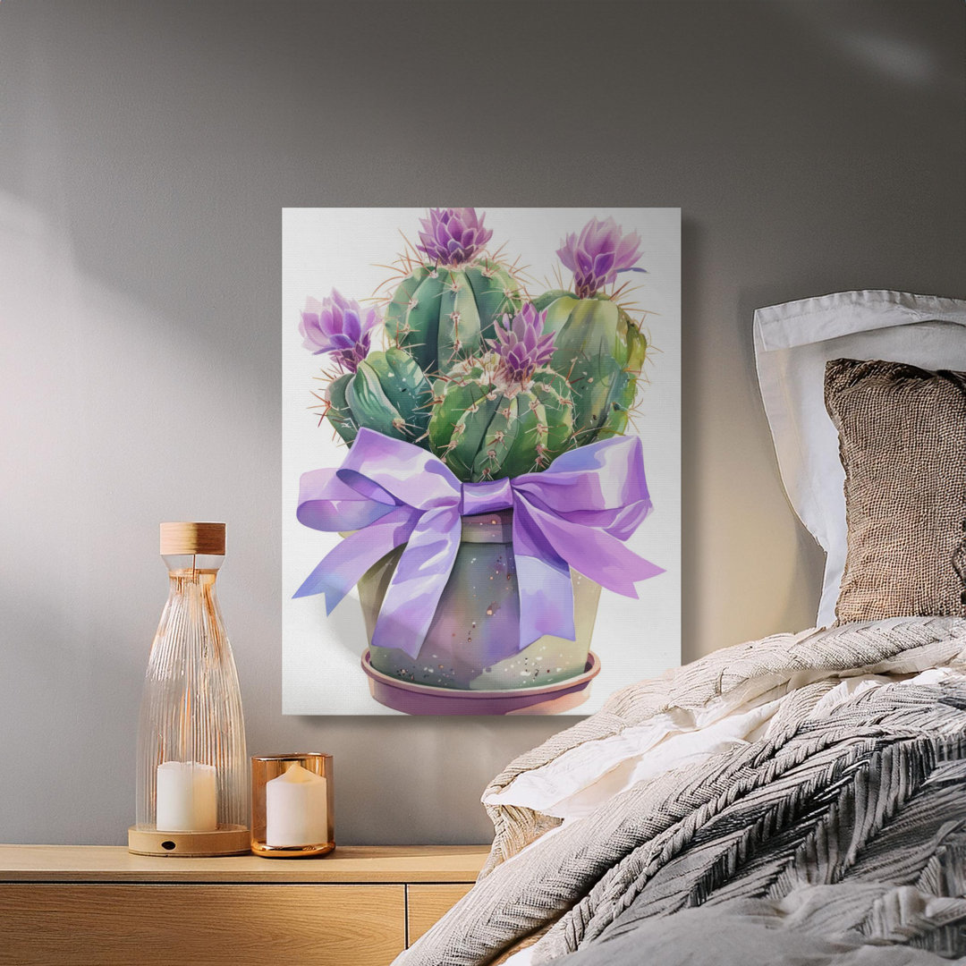Watercolor Cactus Canvas Art with Purple Flowers & Bow, Boho Botanical Wall Decor, Cute Plant Lover Gift for Her