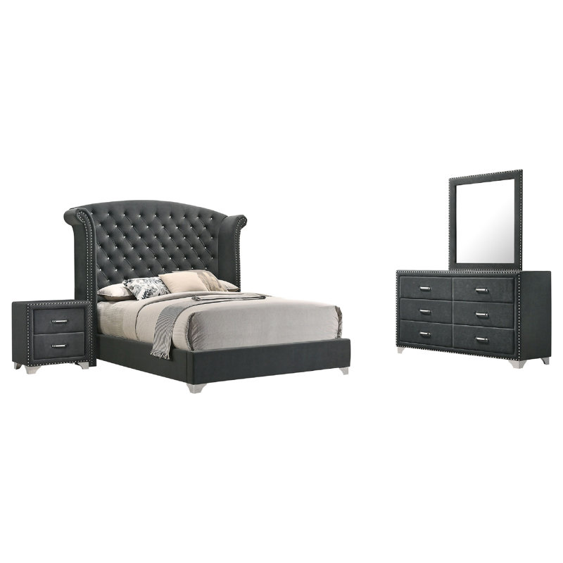 Ensemble de chambre à coucher 4 pièces Giya, Gris / Chrome, Queen
