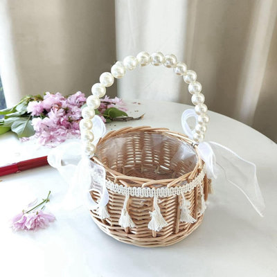 2 pièces panier de fleurs en rotin de mariage tissé à la main avec poignée de perle et ruban, décoration de fête et de maison (ensemble de 2)