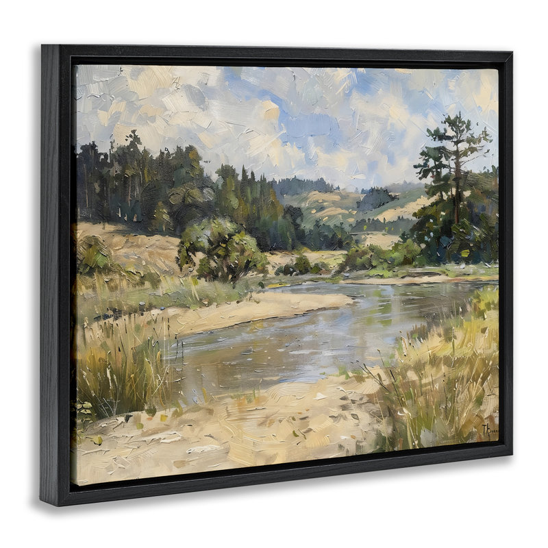 Sunlit River Landscape Floating Frame, design by LSR Creative Studio, Jet Black Floater Frame, 17" H x 21" W