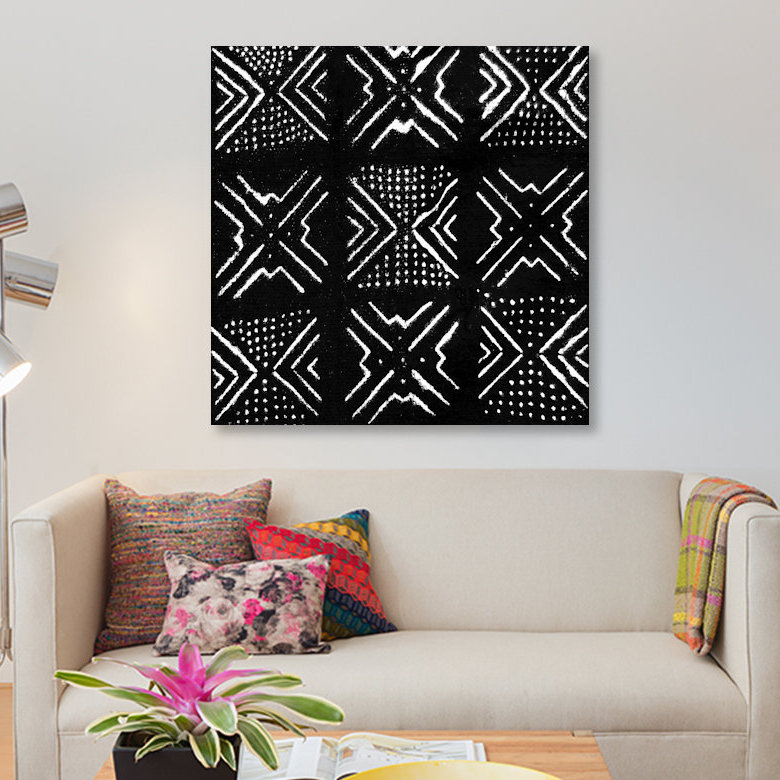 «Mudcloth Black Geometric Design V», impression sur toile, H 12 po x l 12 po x P 0,75 po, Toile tendue, Pas de tapis